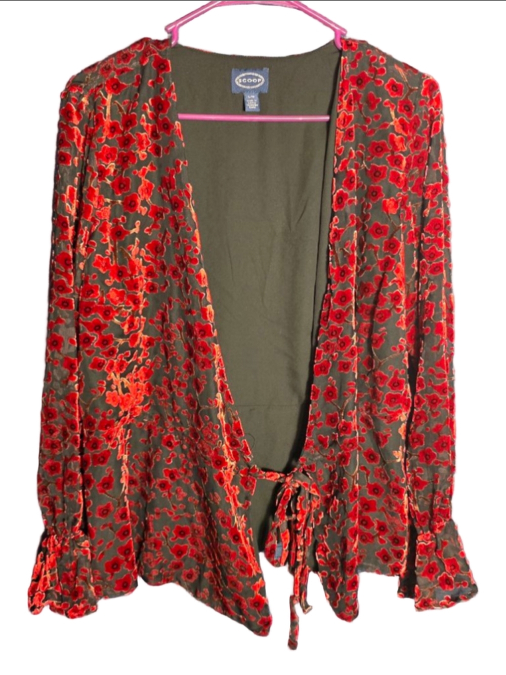 Women's Scoop Black & Red Floral Velvet Blouse L Vintage Retro Y2k 90's